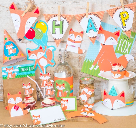 Fox woodland Party printable decor kit fox cupcake topper fox party game instant download cupcake wrap treat topper party favor crown hat Il_570xn