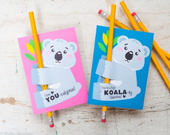 Printable cute koala bear valentine pencil holder, pixie stick or glow stick holder DIY printable valentine's day card for classroom gifts