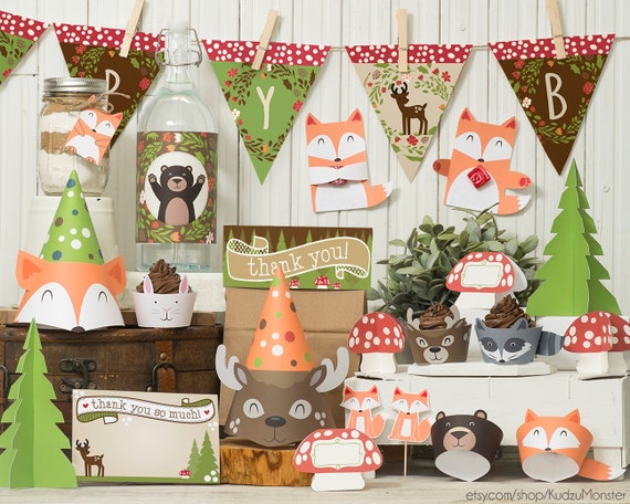 Woodland Party Printable Decor Kit Fox Baby Deer Raccoon Bear Etsy