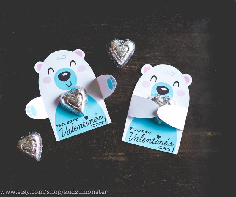 Polar Bear Classroom Candy Holder valentines cute animal hug individual candy valentine card bear woodland Valentine's day chocolate holders image 1