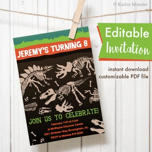 dinosaur fossil party editable invitation boy birthday party printable invitation card file triceratops tyrannosaurus stegosaurus bones