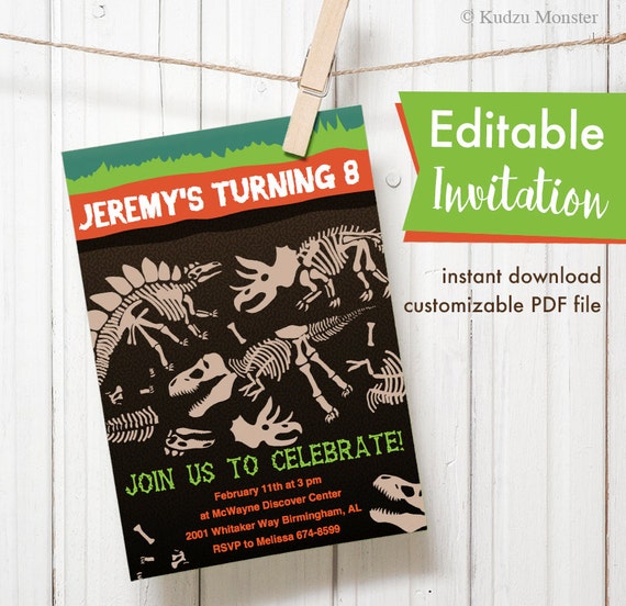 dinosaur fossil party editable invitation boy birthday party printable invitation card file triceratops tyrannosaurus stegosaurus bones Il_570xn
