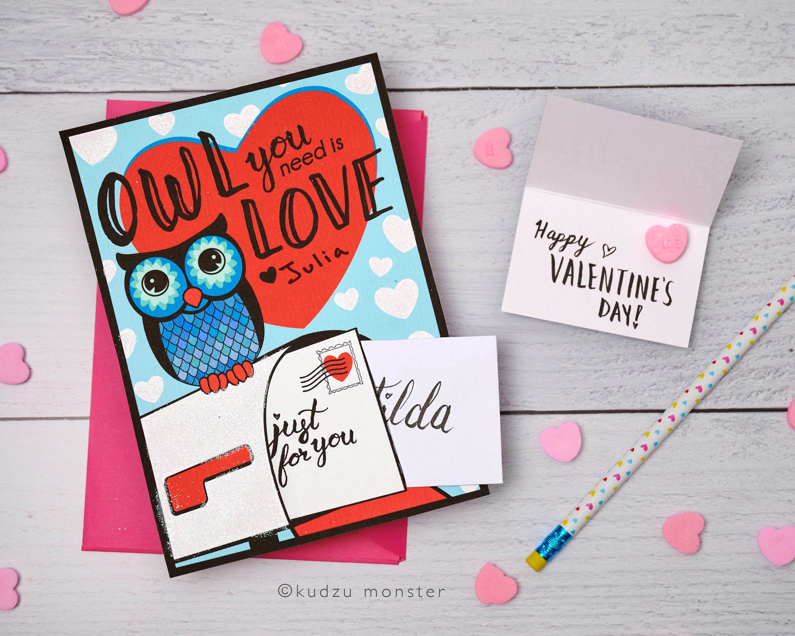 Owl Valentine Card Printable DIY Instant Download with Cute Mini Card and Envelope for a Personalize