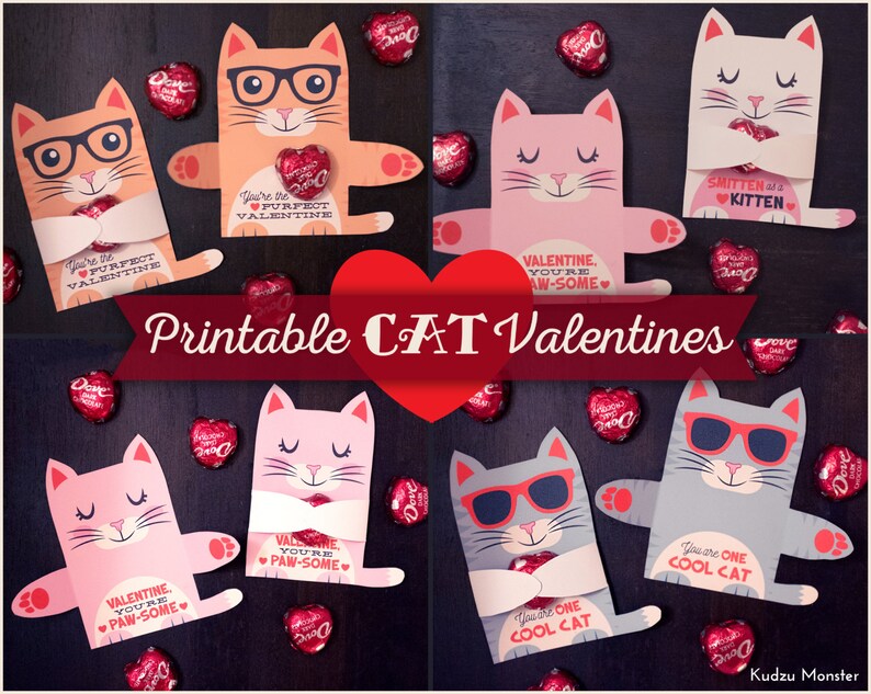 Cat Valentines Candy Huggers Printable Kitten Valentine cards White cat, orange striped cat with hipster glasses, gray cat with sunglasses image 1