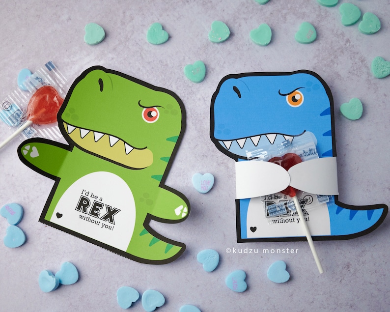 Printable T Rex Dinosaur Valentines Hugger for Small Toy, Sucker ...