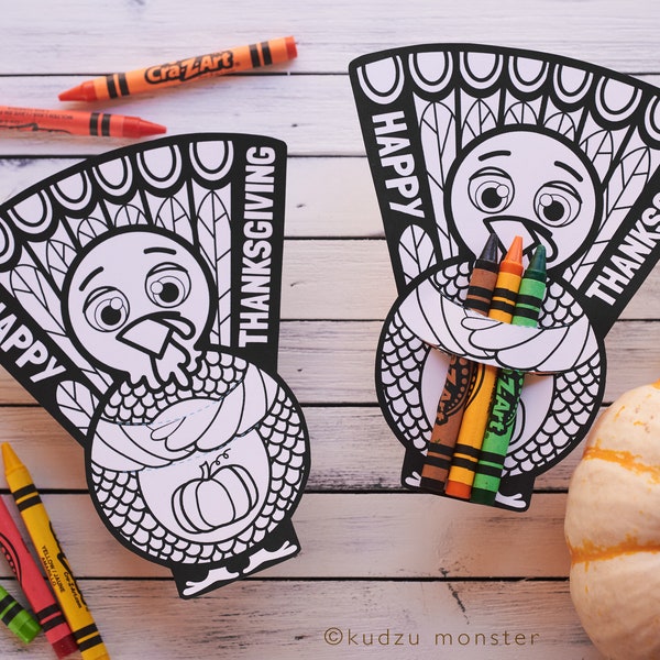 Thanksgiving printable Turkey coloring page crayon hugger colored pencil holder classroom activity non candy Holiday treat goodie gift