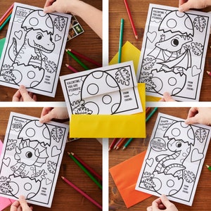 Baby Dinosaur Eggs Valentine Folding Surprise Coloring Page Card- cute kid's Dino art activity to send in the mail variety pack