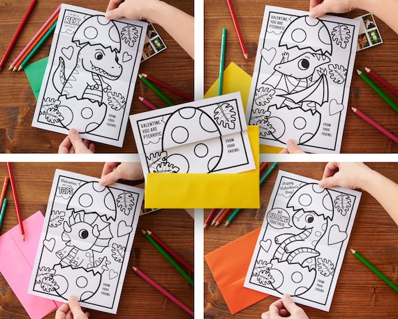Baby Dinosaur Eggs Valentine Folding Surprise Coloring Page Card- cute