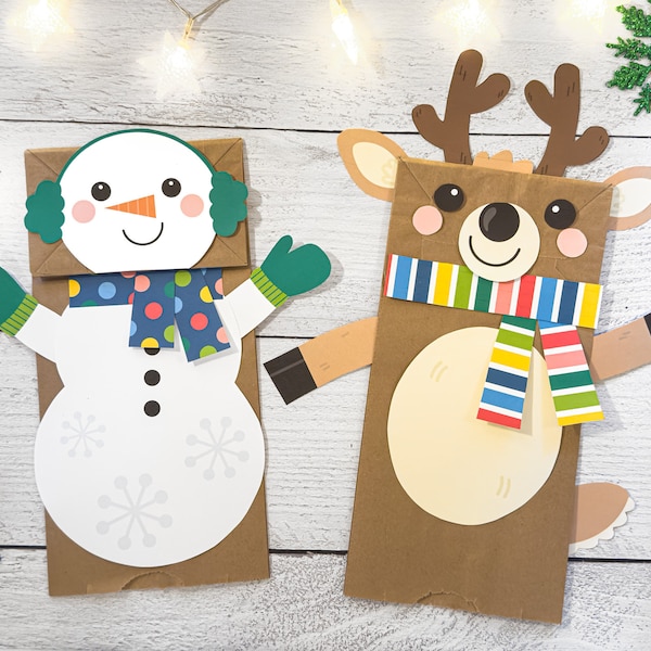 Printable Puppets Reindeer + Snowman Activity | Fun Kids Craft for Christmas | Brown Paper Lunch Bag Puppet | Holiday Puppet Theatre Kit