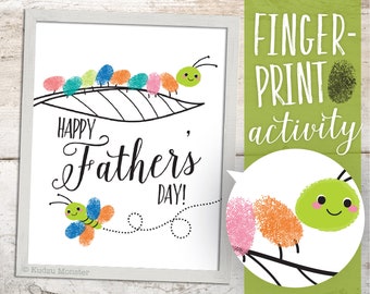 Finger Paint Art Father's Day Printable Caterpillar Butterfly DIY Kid's Art Activity for Dad Fingerprints Ink Pad 8x10 inch Art work Print