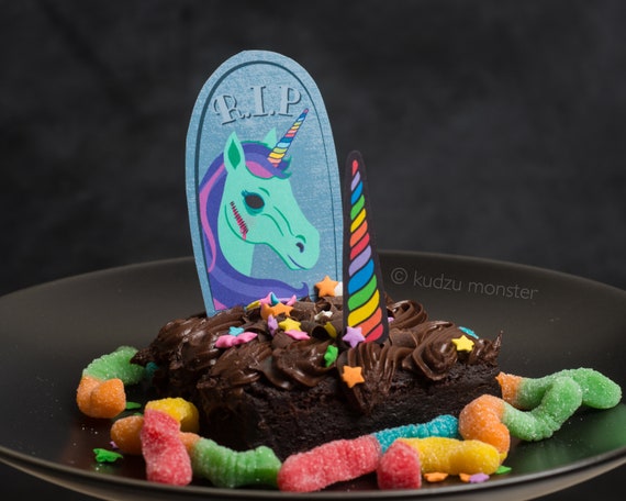 ZOMBIE Unicorn Printable Cupcake Kit Grave Stone and Horn Creepy Cute Halloween or Birthday Party DIY print at home rainbow funny brownie Il_570xn