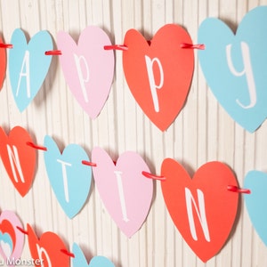 Valentines Party Printable Happy Valentine&#39;s Day heart shaped Banner in Pink, red, and light blue with all letters A-Z