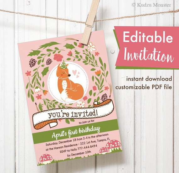 Woodland fox theme pink Editable Printable Birthday Party Invitation girly baby shower floral mushrooms Instant Download cute fox invite Il_570xn