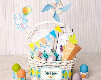 May include: A white wicker basket filled with Easter treats for a child named Andrew. The basket includes a bunny coloring page, crayons, a carrot-shaped treat, and colorful eggs. There is also a blue and white pinwheel, a bunny balloon, and a sign that says "Something Special" on the basket.