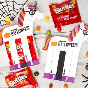 Halloween Unicorn Printable DIY Instant Download Skittles or M&Ms Colorful Candy holders horse shaped trick or treat cards for school