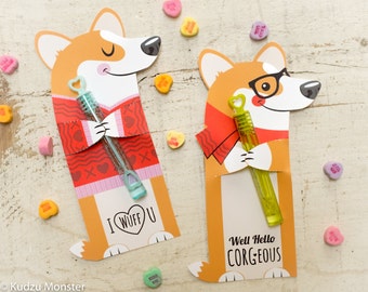 Corgi Dog Valentine Printable Welsh Corgi Puppy Non Candy, Pencil valentine, bubble valentine, glow stick valentines, candy or treat hugger
