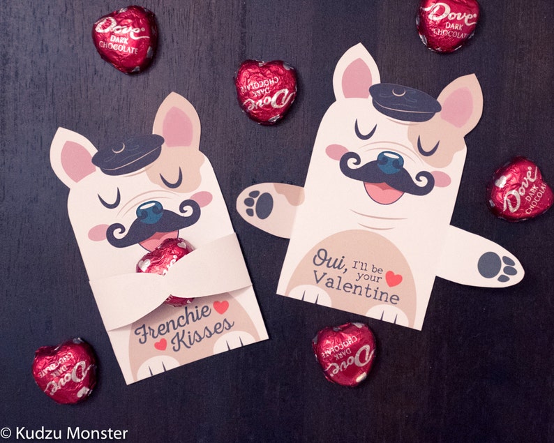 Frenchie Puppy Classroom Candy Holder valentines french bulldog dog individual candy valentine card Valentine's day chocolate heart holders image 1