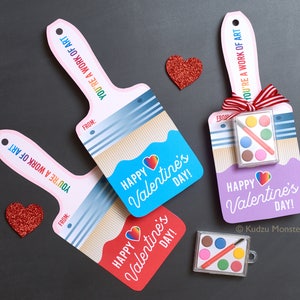 Art Valentines Cute Paintbrush Valentine's Day Cards Tiny Paint Palette Non Candy Valentine for little Artists DIY Printable Easy Fun