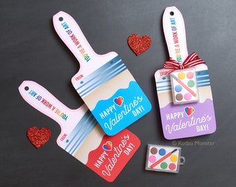 Art Valentines Cute Paintbrush Valentine's Day Cards Tiny Paint Palette Non Candy Valentine for little Artists DIY Printable Easy Fun