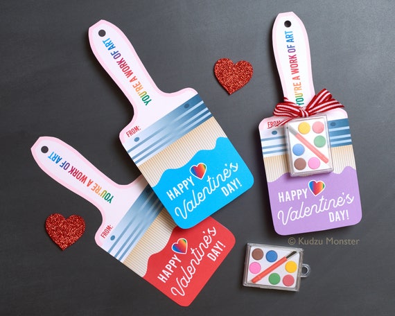 Art Valentines Cute Paintbrush Valentine's Day Cards Tiny Paint Palette Non  Candy Valentine for Little Artists DIY Printable Easy Fun 