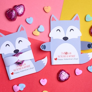 Grey Wolf Classroom Candy Holder Saint-Valentin animaux mignons câlins bonbons individuels carte de Saint-Valentin Loups Saint-Valentin porte-chocolat