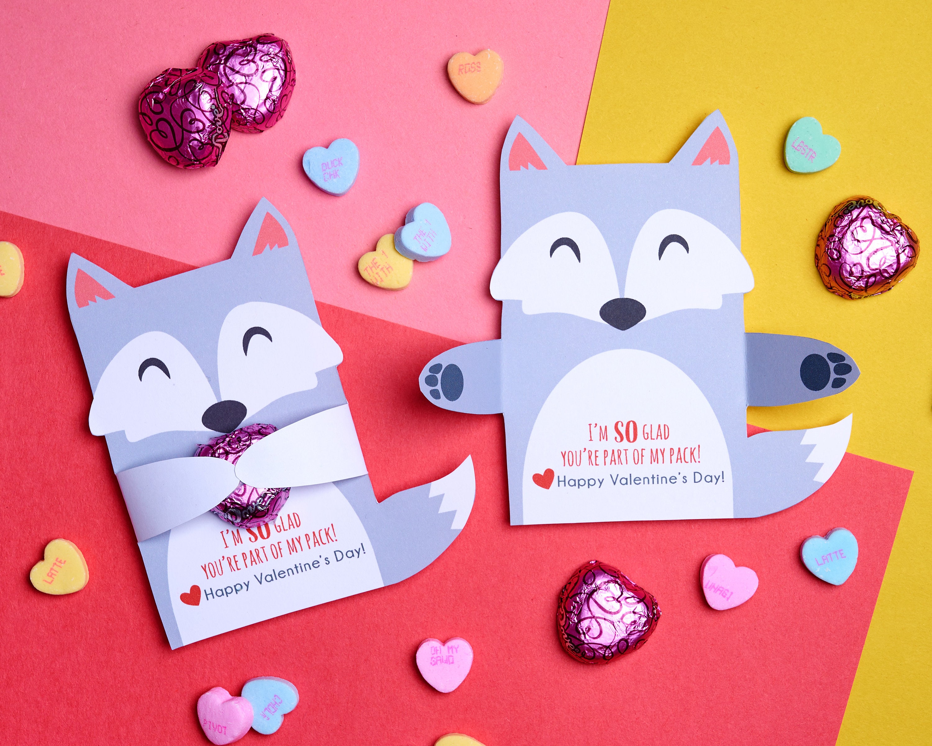 Grey Wolf Classroom Candy Holder Valentines Cute Animals Hug