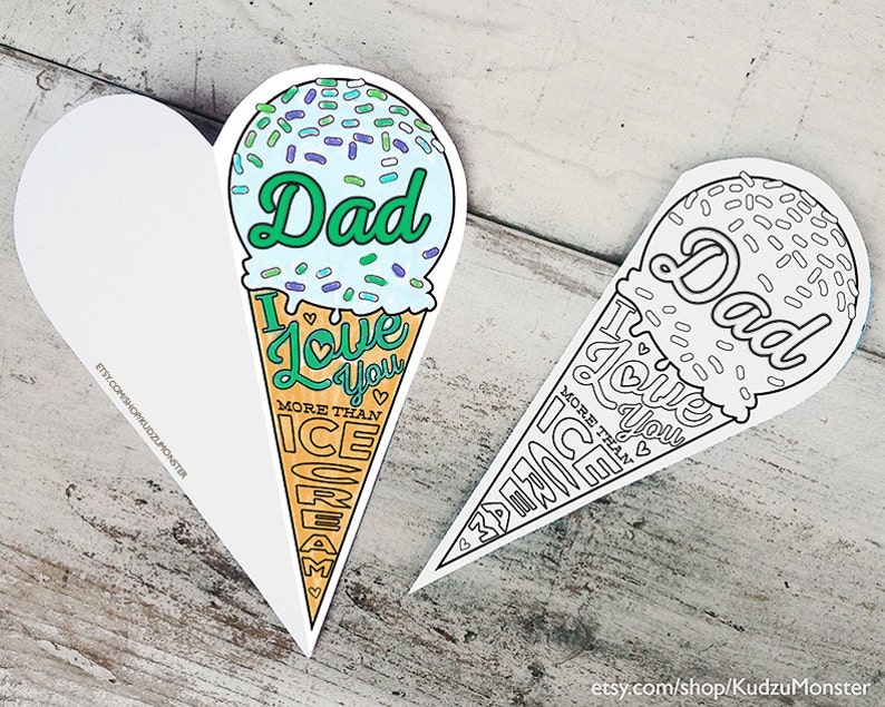 Printable Father's Day Card Coloring card printable ice cream cone classroom coloring activity Dad I love you more than ice cream image 1