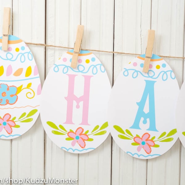 printable easter egg banner reads HAPPY EASTER cute colorful egg shaped bunting flag banner print at home for easter brunch party DIY