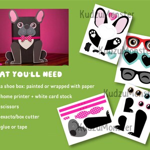 Black Frenchie Valentine Box Printable Decor Kit, Cute French Bulldog Puppy Dog Valentine's Mailbox Craft Kit DIY Shoebox, Print at Home image 2