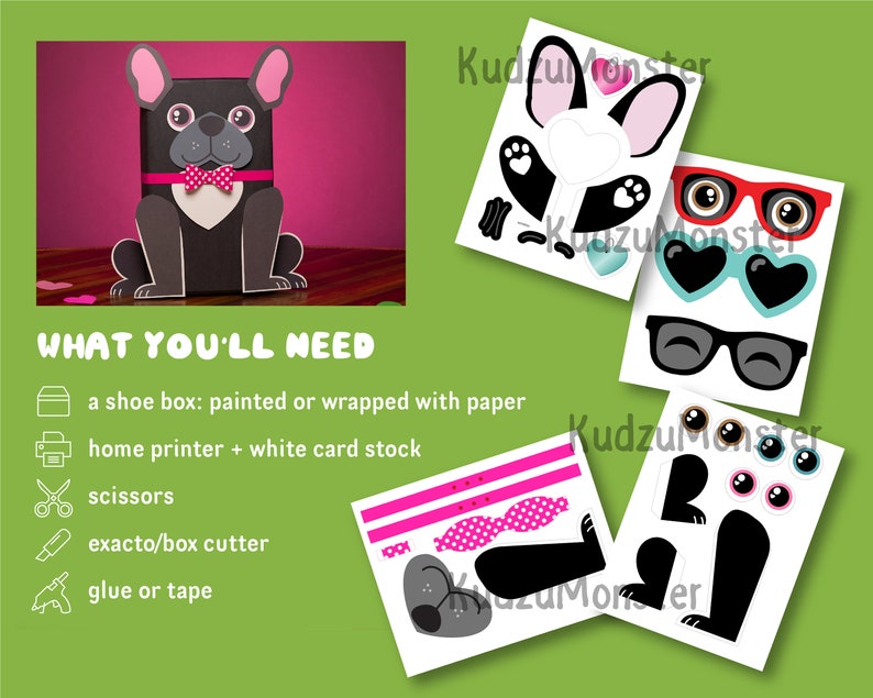 Black Frenchie Valentine Box Printable Decor Kit, Cute French Bulldog Puppy Dog Valentine's Mailbox Craft Kit DIY Shoebox, Print at Home image 2