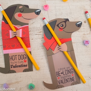 Weenie Dog Valentine Printable Dachshund Puppy weiner dog Non Candy, Pencil valentine, bubble valentine, glow stick valentines, candy hugger image 1