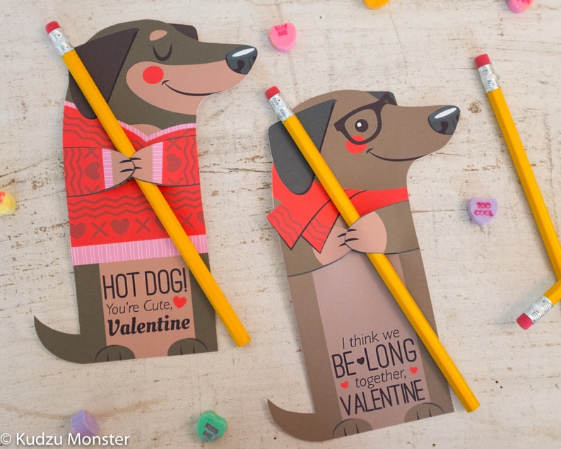 Weenie Dog Valentine Printable Dachshund Puppy weiner dog Non Candy, Pencil valentine, bubble valentine, glow stick valentines, candy hugger image 1