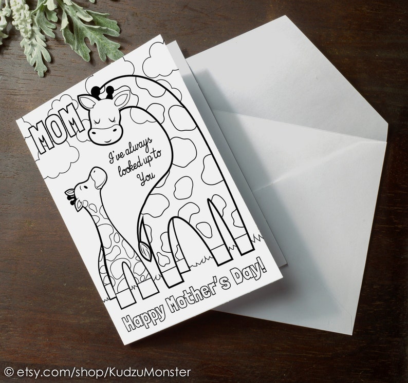 INSTANT DOWNLOAD Mother's Day Card Coloring page giraffe image 1