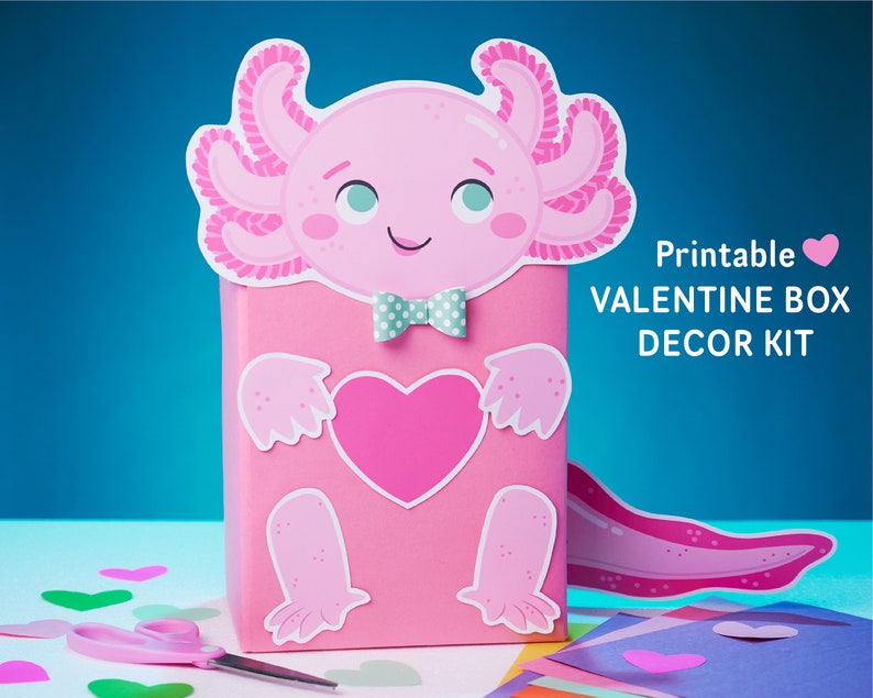 Axolotl Valentine Box Kit  printable DIY mailbox for image 1