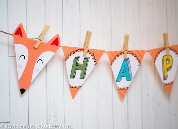 Fox woodland Party printable banner custom words A-Z baby shower banner birthday bunting flag banner party decoration Il_570xn