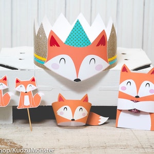 Fox woodland birthday Party printable decor kit cute fox cupcake topper cupcake wraps print at home birthday crown party candy favor