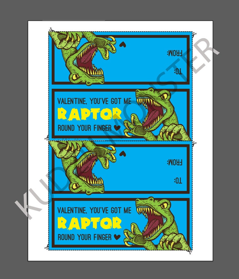 Raptor Dinosaur Valentine Treat Topper INSTANT DOWNLOAD printable print at home valentine's day candy bag label top boy valentine funny image 2