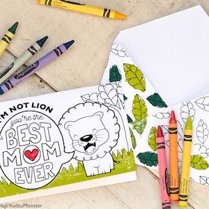 Tarjeta del Día de la Madre para niños Página para colorear linda actividad de guardería en el aula de manualidades imprimible con león safari. "No soy León, eres la MEJOR MAMÁ de todos los tiempos"