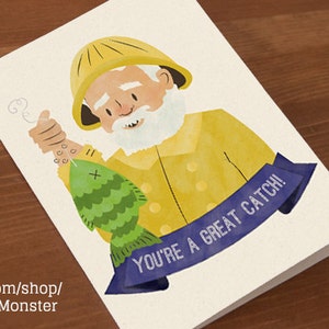 DESCARGA INSTANTE Tarjeta de amor imprimible Pescador Pescando ¡Eres una gran captura! varonil barbudo anciano ilustración pez mar océano