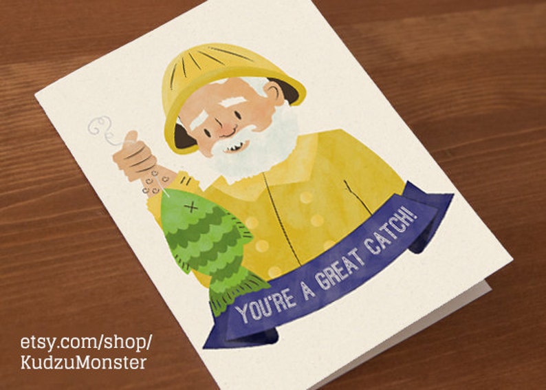 INSTANT DOWNLOAD Printable love Card Fisherman Fishing You're a Great Catch manly bearded old man illustration fish sea ocean image 1
