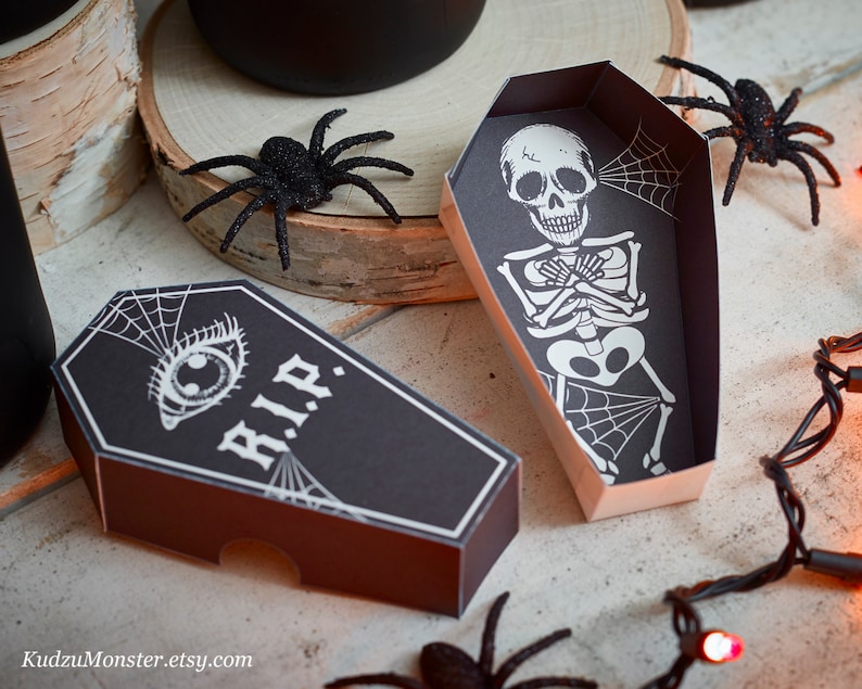 Halloween printable coffin party favor boxes DIY containers for candy or toys skeleton RIP spooky black print at home box classroom handout image 1