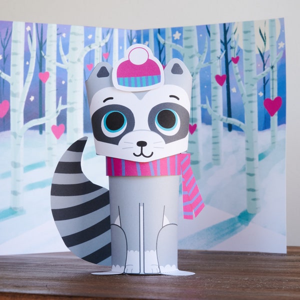 3D Raccoon Valentine Paper Craft Card- Send this kit in the mail, then recipient puts together the animal character in the folded card scene