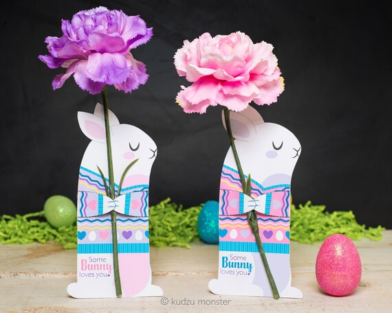 Bunny flower holder cute printable rabbit shaped card that hugs a single flower for Easter Some Bunny Love You spring carnation daisy gift Il_570xn