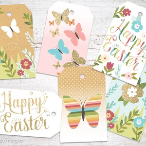 Easter gift tags Happy Easter Gold Glitter, rainbow stripes, and kraft texture with butterflies & flowers 6 assorted printable instant tags