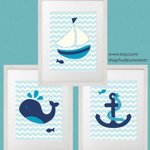 INSTANT DOWNLOAD set of three 5x7 nautical art prints whale, sail boat ship and anchor fish Navy Blue Baby blue chevron nursery decor