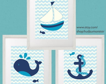 INSTANT DOWNLOAD set of three 5x7 nautical art prints whale, sail boat ship and anchor fish Navy Blue Baby blue chevron nursery decor
