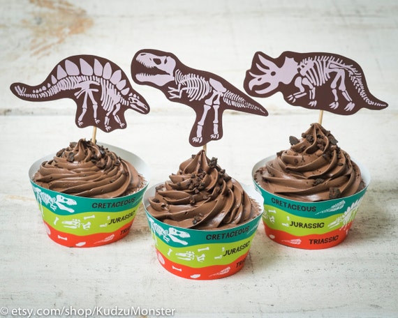 Dinosaur Fossil Party birthday printable cupcake wrapper kit science dino skulls paleontologist paleontology jurassic skeleton educational Il_570xn