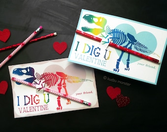Rainbow Dinosaur Fossil Valentines Printable DIY Instant Download Pencil Holder Colorful Pixie Stick T Rex Valentine's day cards for school