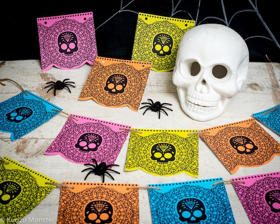 Halloween Printable Day of the Dead Dia De Los Muertos Skull banner flags faux lace doily pattern in bright neon colors sugar skull Il_570xn
