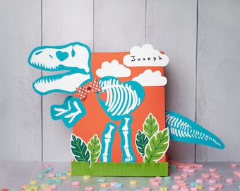 T Rex Fossil Valentine Box Printable Decor Kit 3D bowtie, eye options, dinosaur skeleton boy mailbox for school valentine's day cards